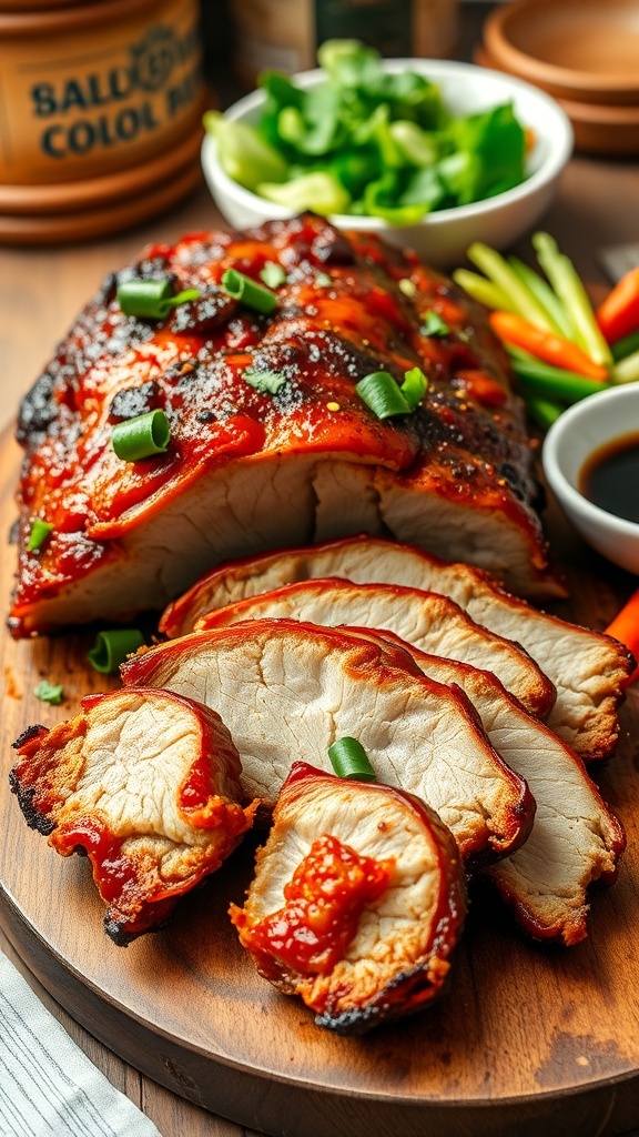 Crispy Pork Belly Recipe Crispy pork belly slices on a wooden platter, garnished with herbs and served with vegetables.